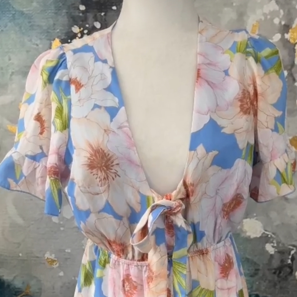 FOREVER 21 Floral Plunge V-Neck Front Tie Ruffle Mini Boho Dress - Picture 2 of 7